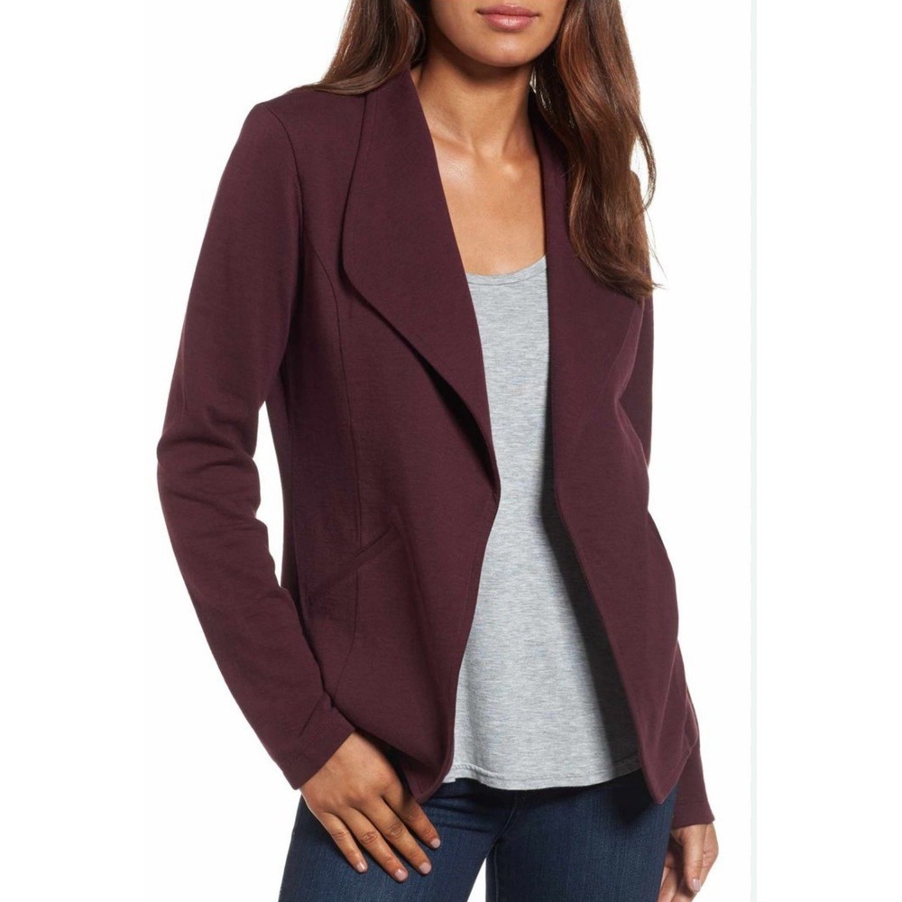Caslon Women's Burgundy Cotton Knit Blazer Jacket Pockets Size Medium Petite